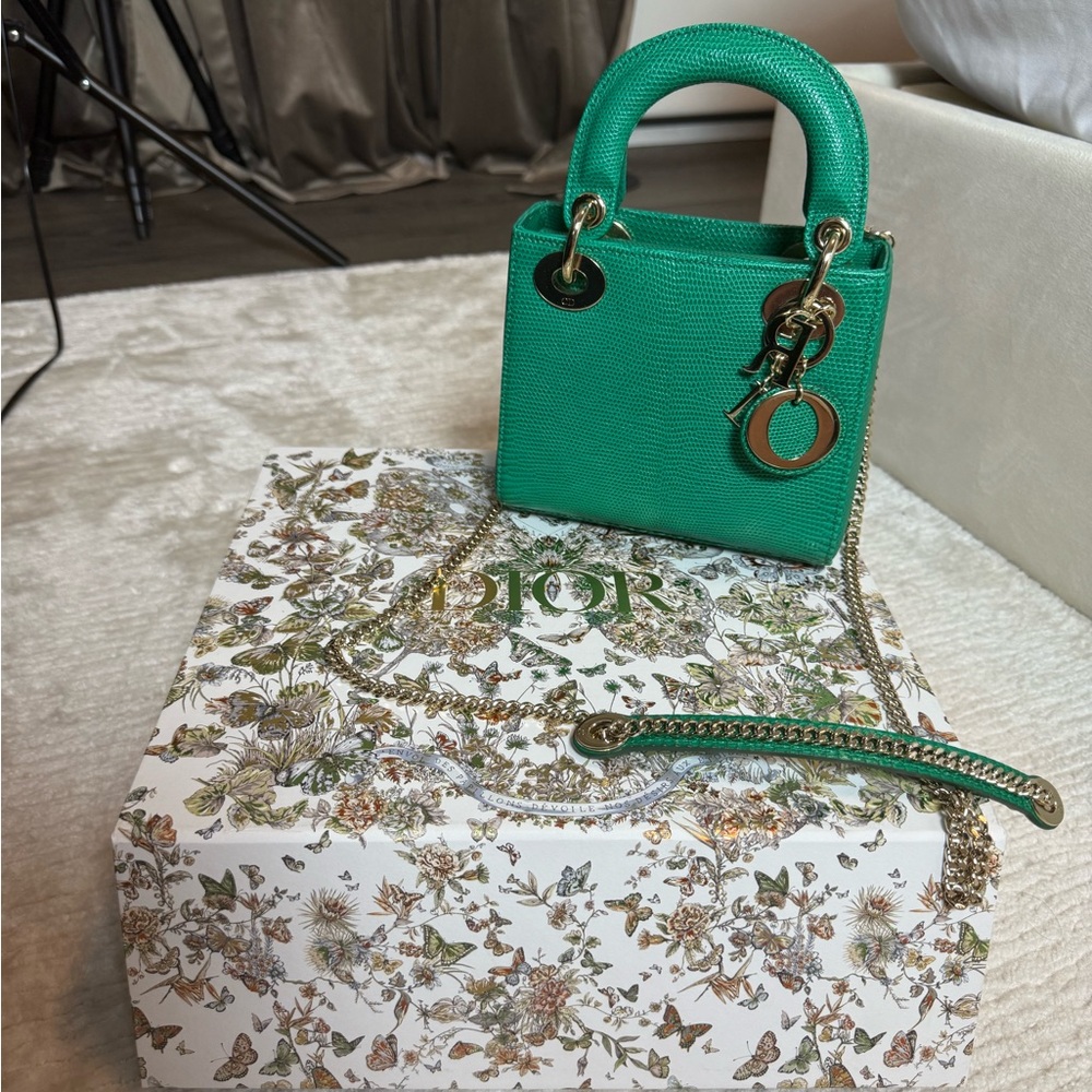 Lady dior mini green and gold lizard skin bag